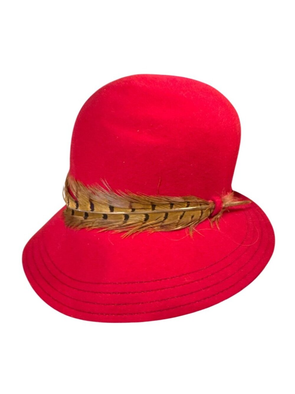 Vintage Red Wool Betmar New York Cloche Hat Pheasant Feather